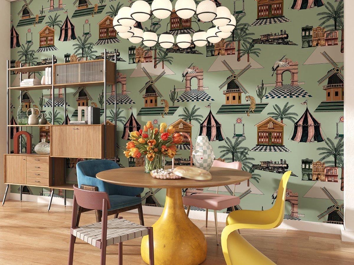 sala con tavola tonda e mobilio variopinto